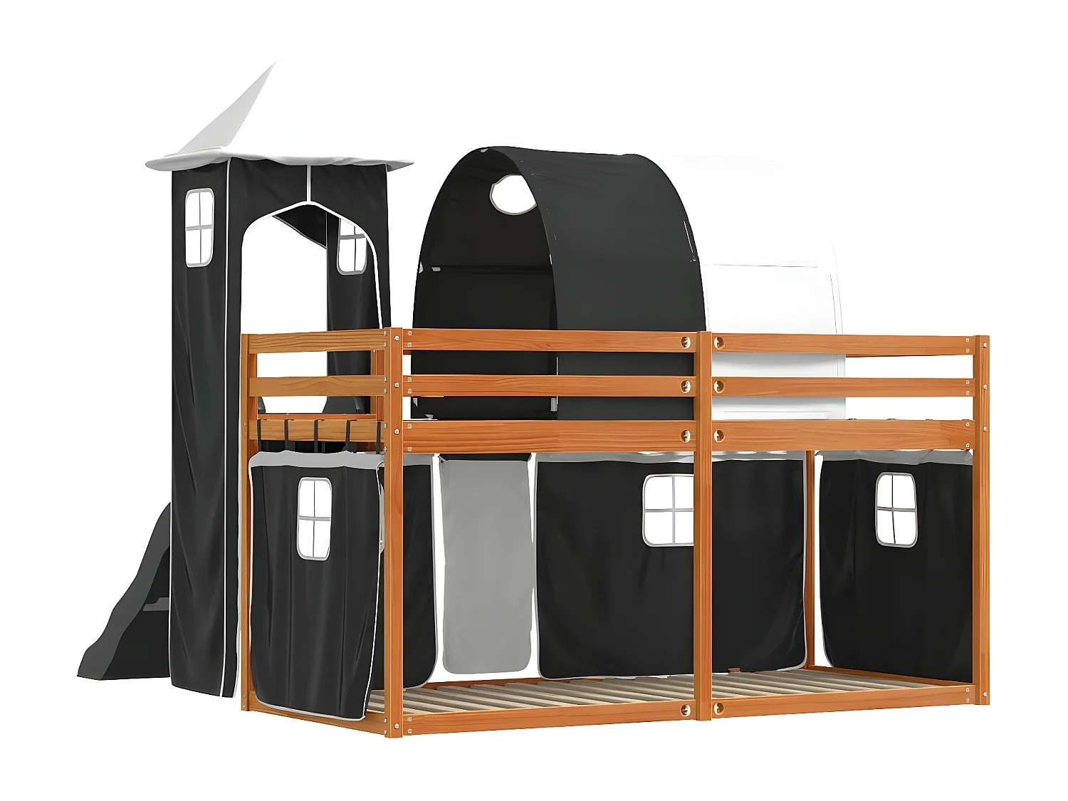 Lit superposé avec toboggan et rideaux blanc et noir 90x200 cm