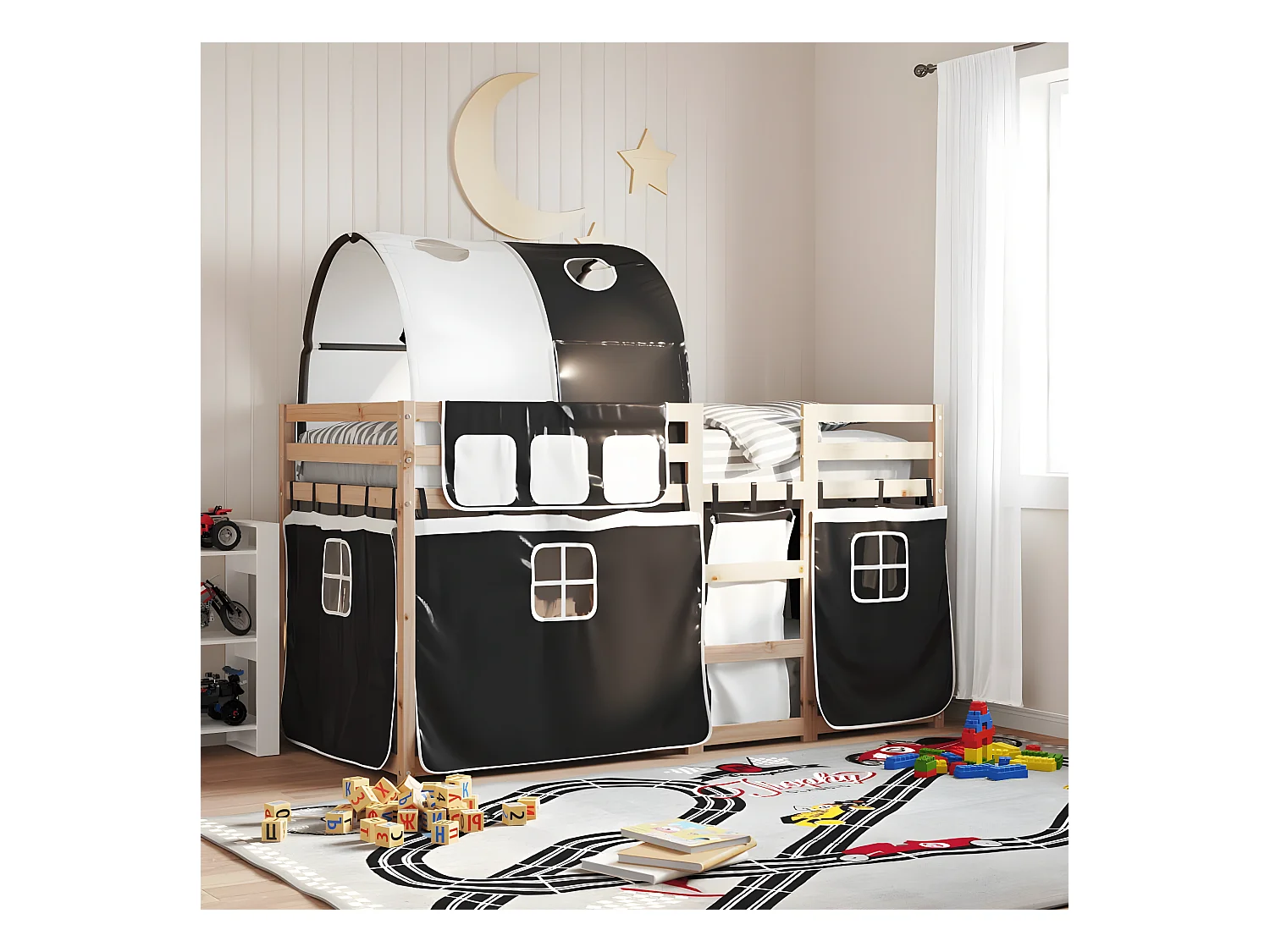 Litera con cortinas madera maciza pino blanco y negro 75x190 cm