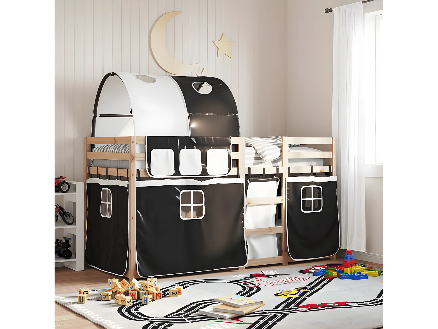 Beliche com cortinas 75x190 cm pinho maciço branco e preto