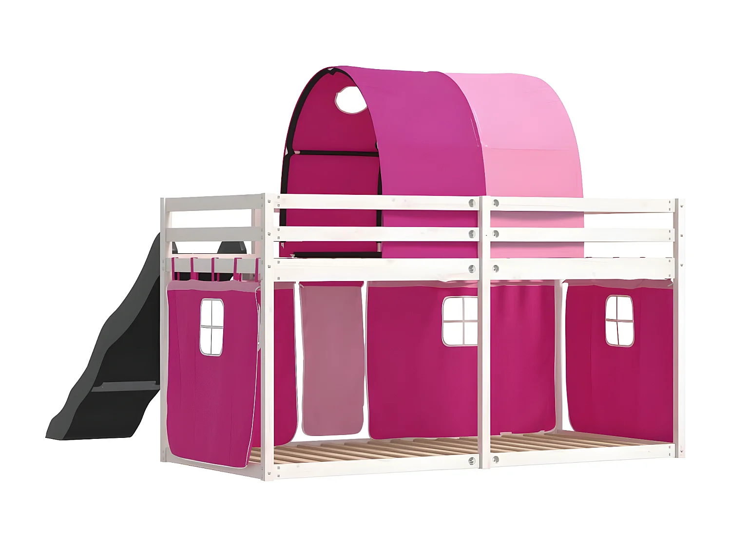 Lit superposé avec toboggan et rideaux rose 90x200 cm