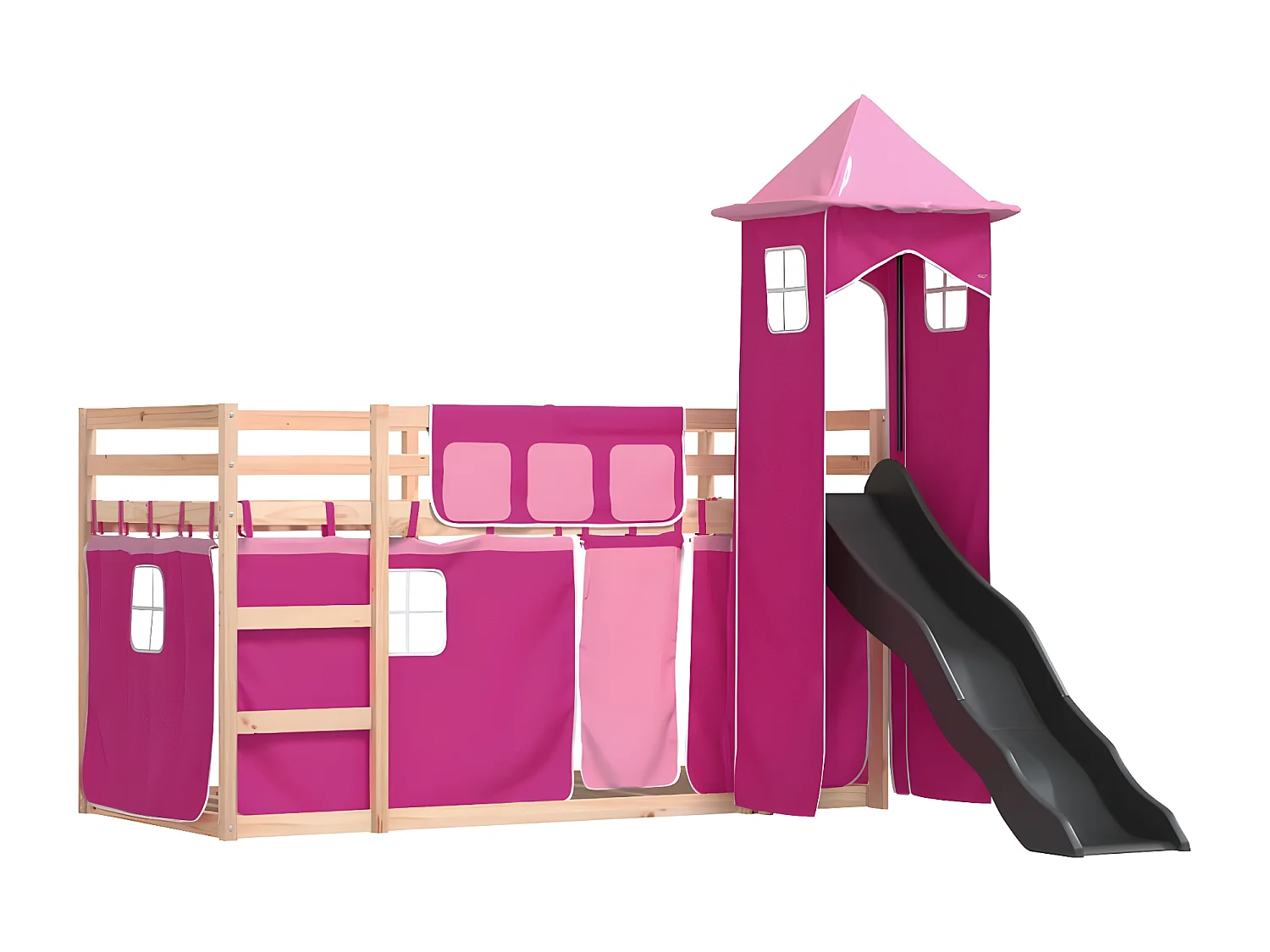Lit superposé avec toboggan et rideaux rose 90x190 cm