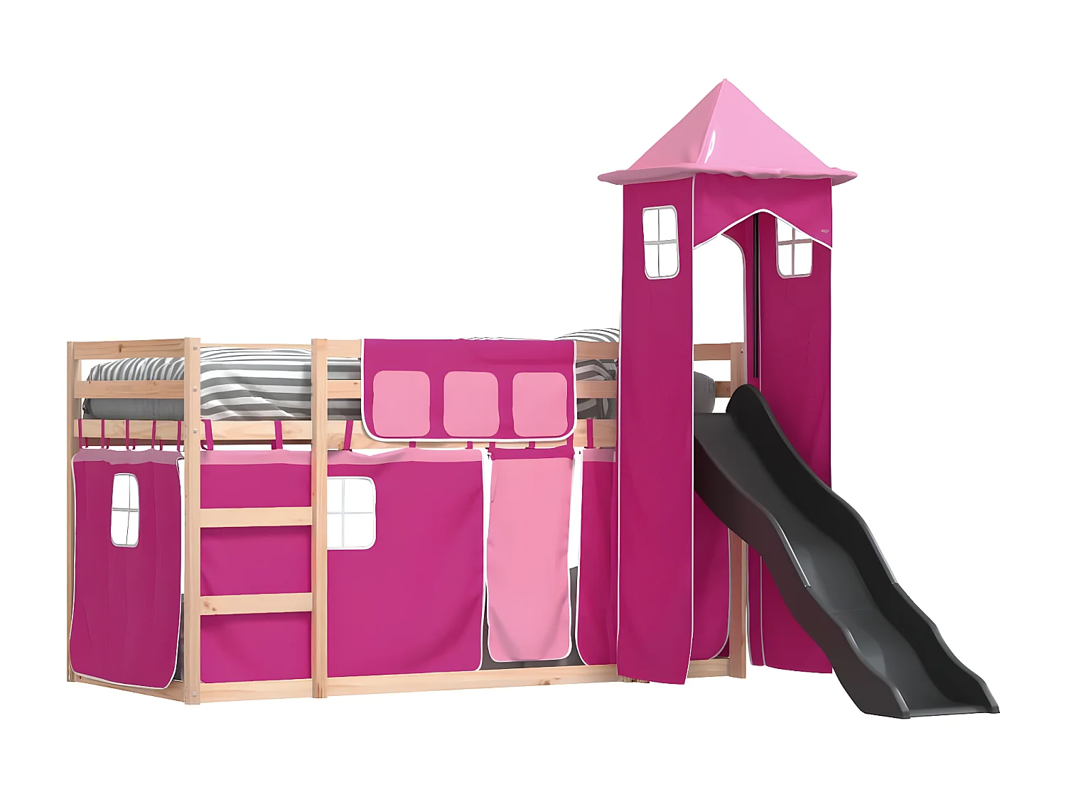 Lit superposé avec toboggan et rideaux rose 90x190 cm