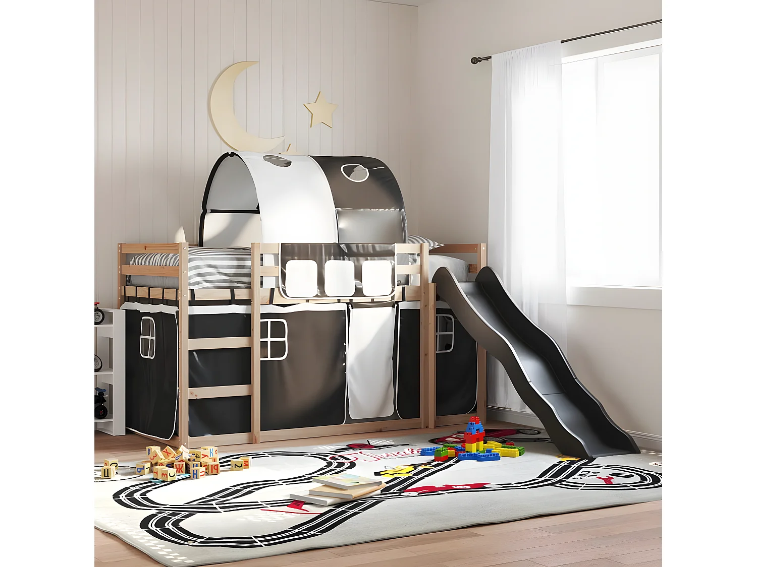 Litera con tobogán y cortinas blanco y negro 80x200 cm