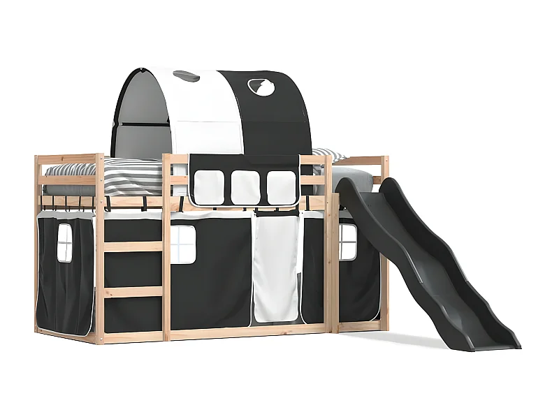 Litera con tobogán y cortinas blanco y negro 80x200 cm