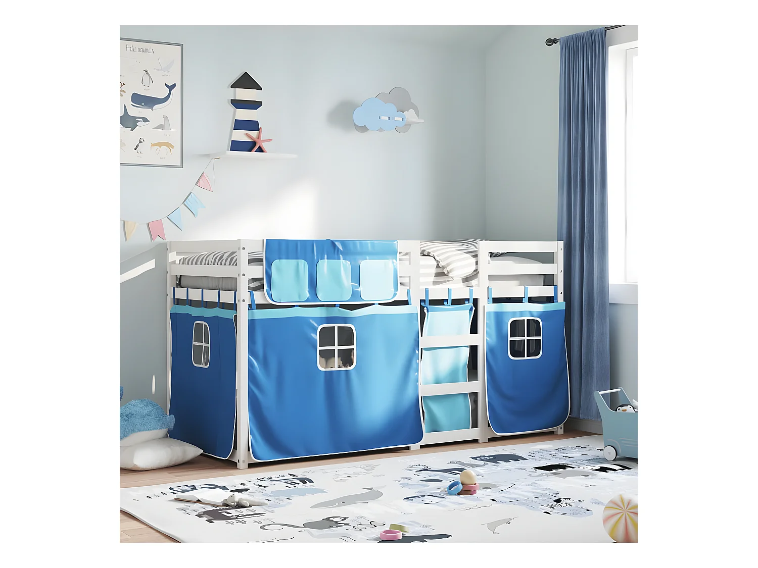 Lit superposé avec rideaux bleu 75x190 cm bois pin massif