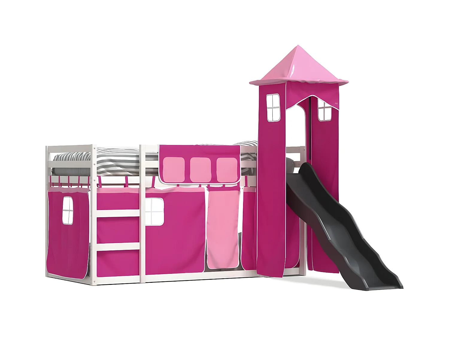 Lit superposé avec toboggan et rideaux rose 80x200 cm