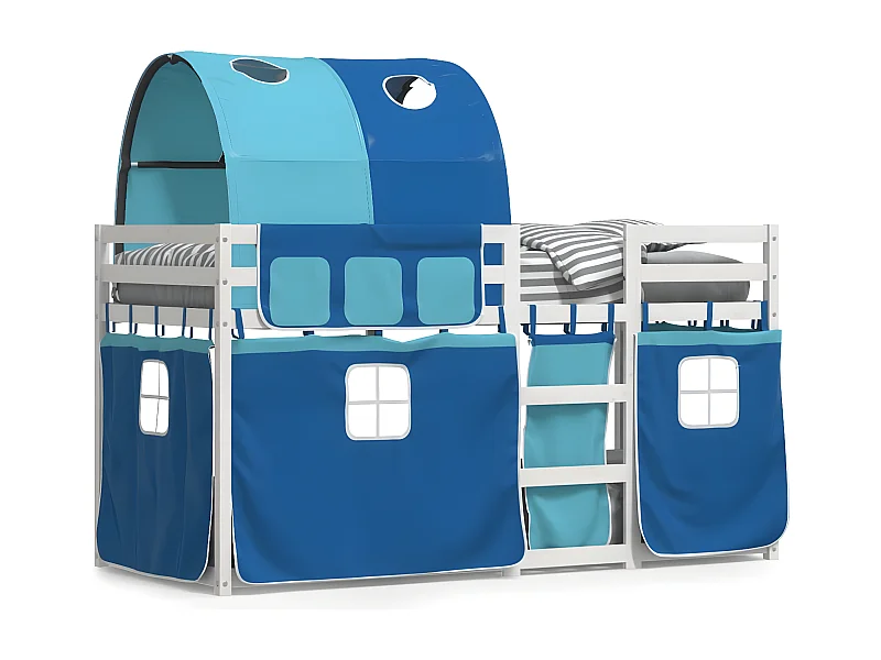 Lit superposé avec rideaux bleu 90x190 cm bois pin massif