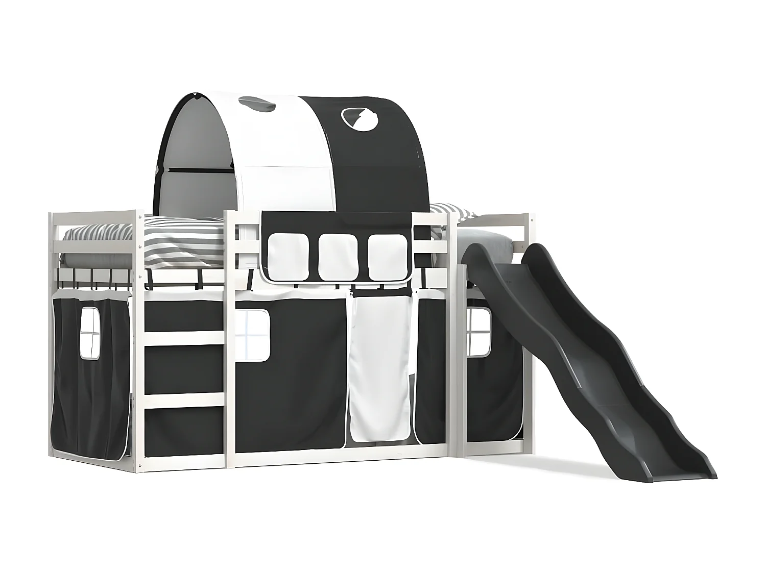 Lit superposé avec toboggan et rideaux blanc et noir 90x190 cm