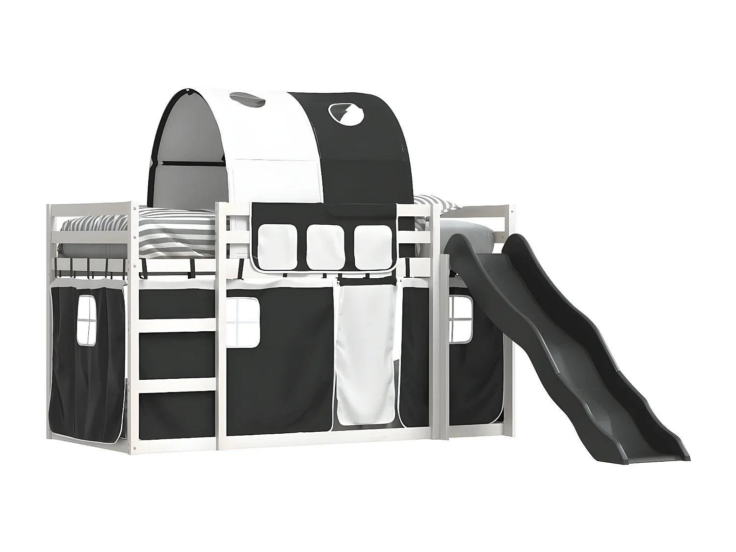 Lit superposé avec toboggan et rideaux blanc et noir 90x190 cm