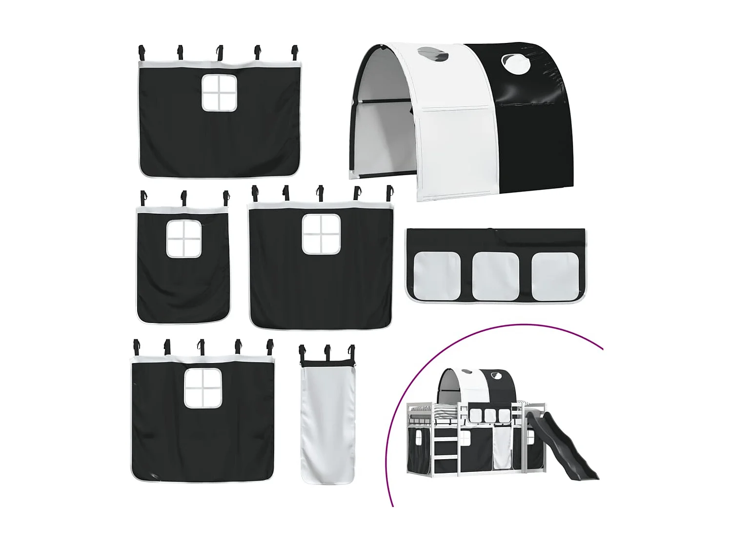 Lit superposé avec toboggan et rideaux blanc et noir 90x190 cm