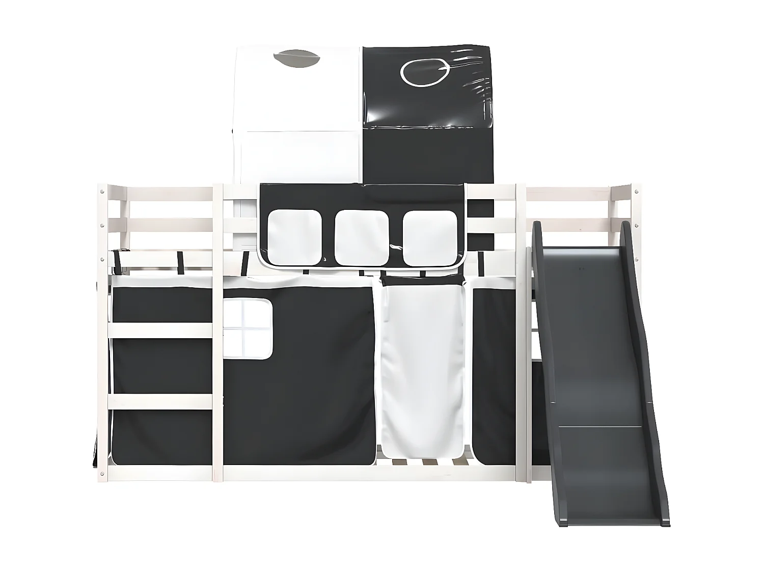 Lit superposé avec toboggan et rideaux blanc et noir 90x190 cm