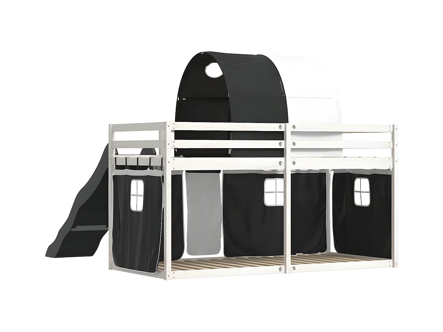Lit superposé avec toboggan et rideaux blanc et noir 90x190 cm