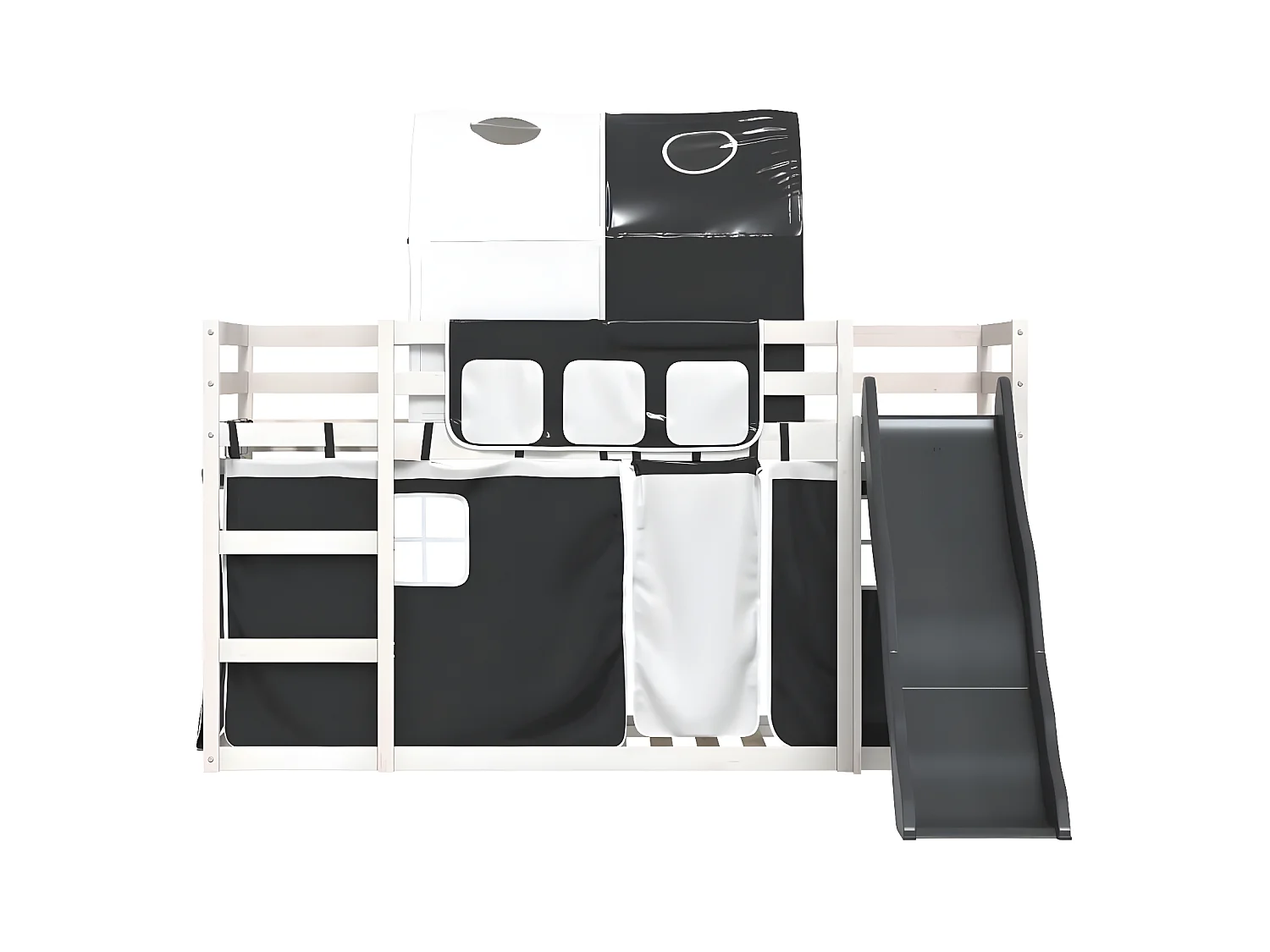 Lit superposé avec toboggan et rideaux blanc et noir 90x190 cm