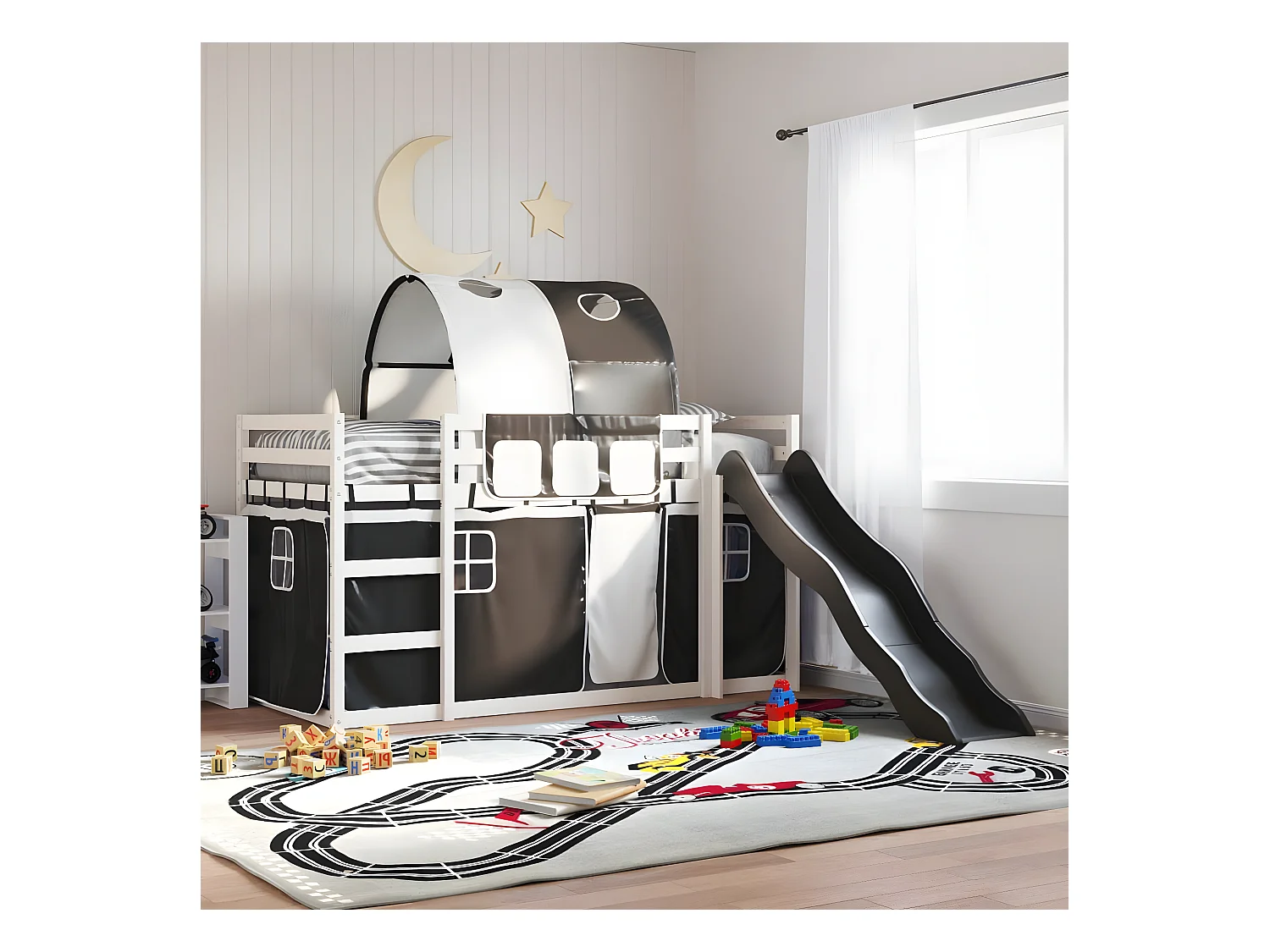 Lit superposé avec toboggan et rideaux blanc et noir 90x190 cm