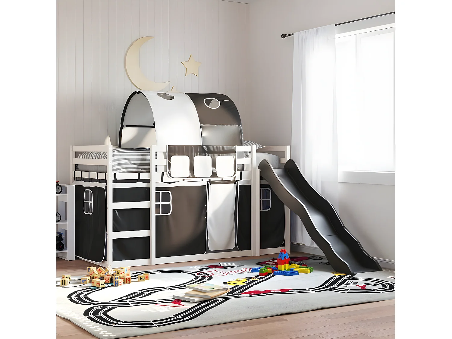 Litera con tobogán y cortinas blanco y negro 90x190 cm