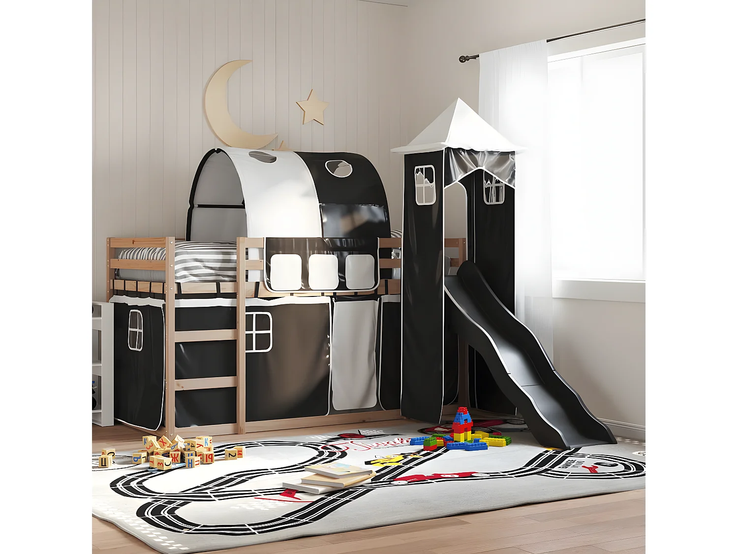 Lit superposé avec toboggan et rideaux blanc et noir 80x200 cm