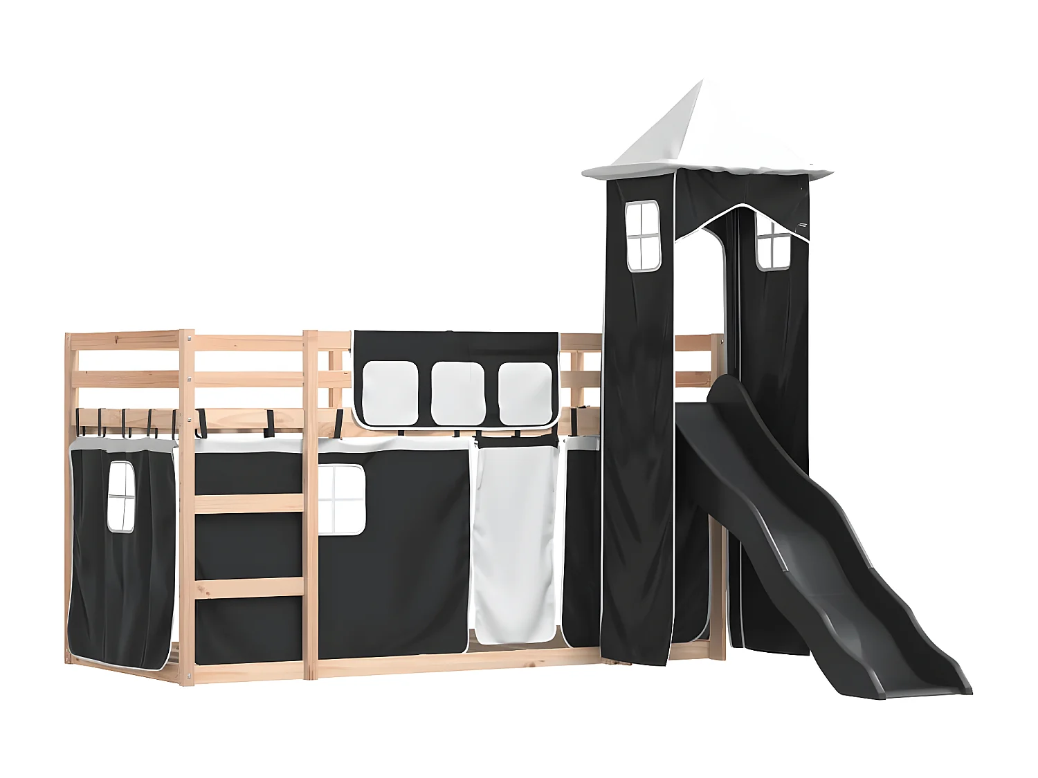 Lit superposé avec toboggan et rideaux blanc et noir 90x190 cm