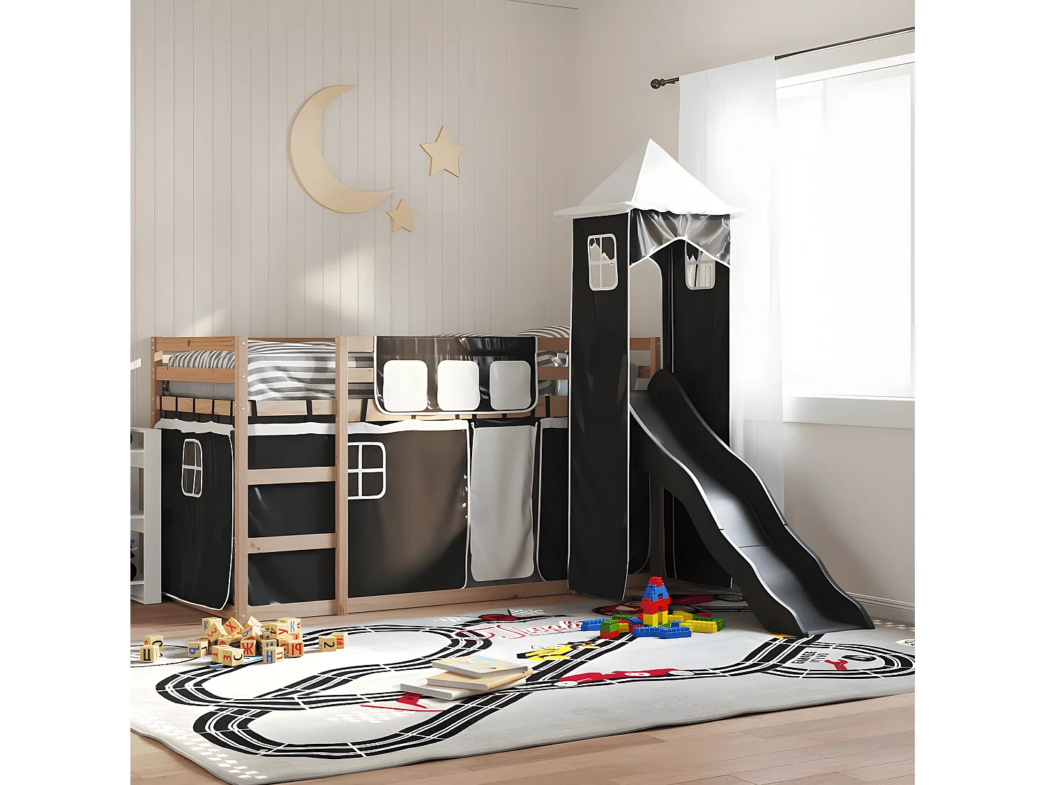 Lit superposé avec toboggan et rideaux blanc et noir 90x190 cm