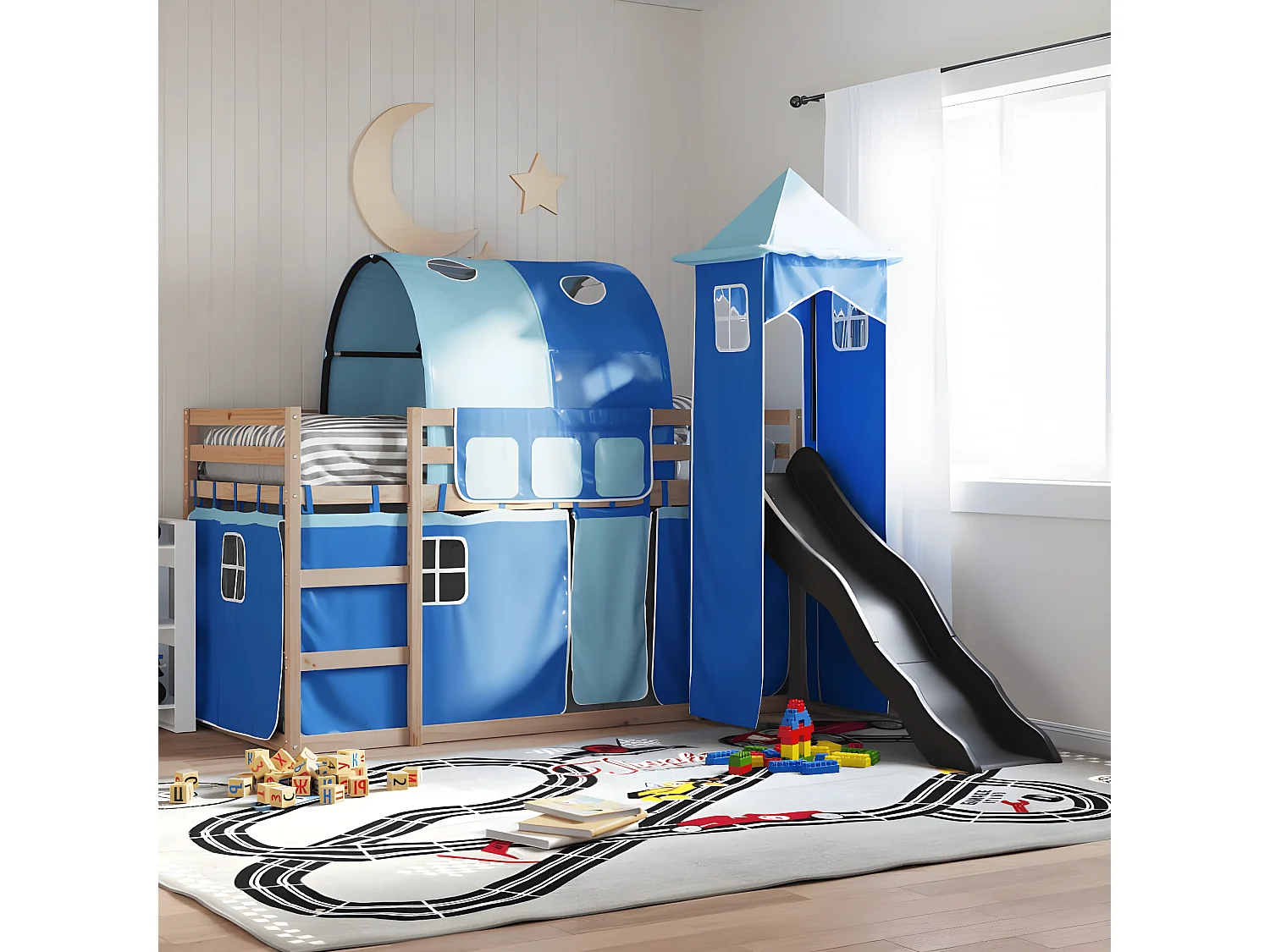Lit superposé avec toboggan et rideaux bleu 80x200 cm
