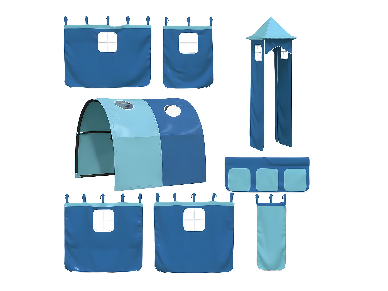 Lit superposé avec toboggan et rideaux bleu 80x200 cm