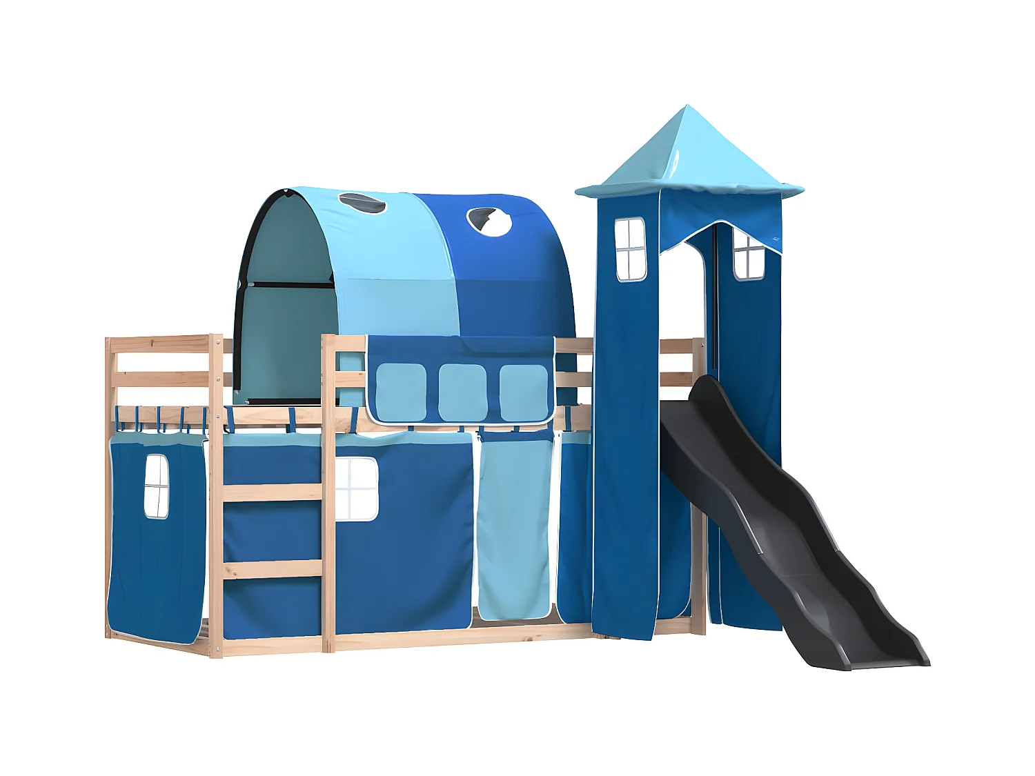 Lit superposé avec toboggan et rideaux bleu 80x200 cm
