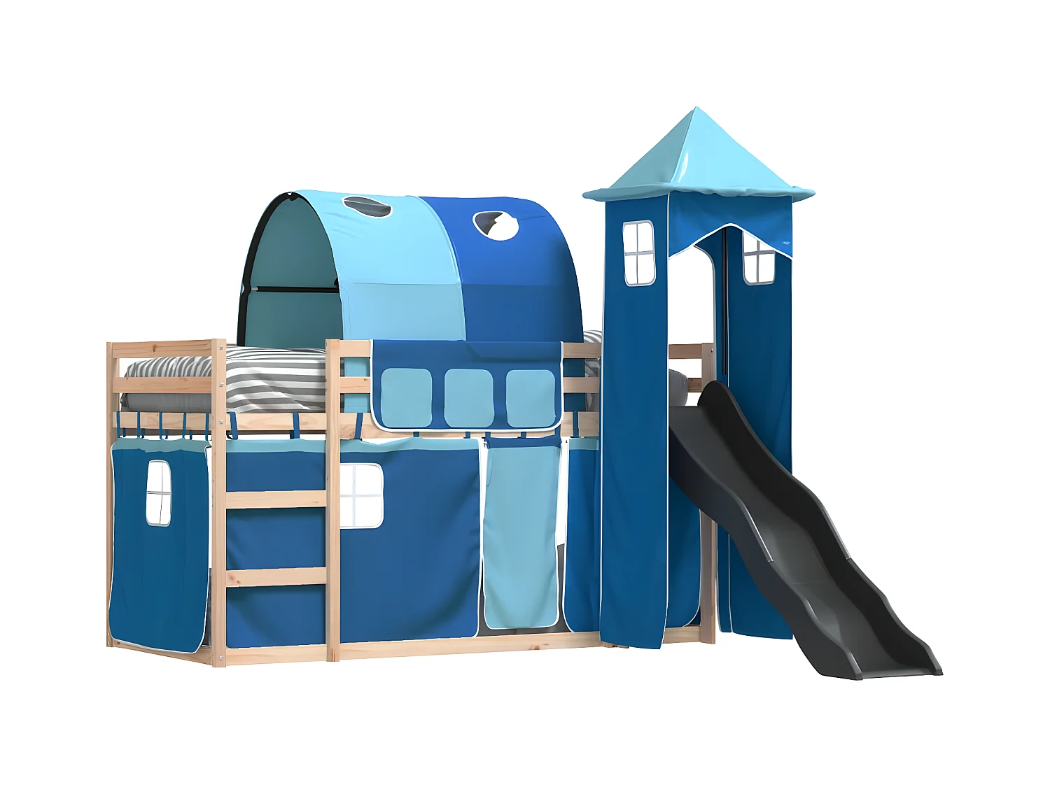 Lit superposé avec toboggan et rideaux bleu 80x200 cm
