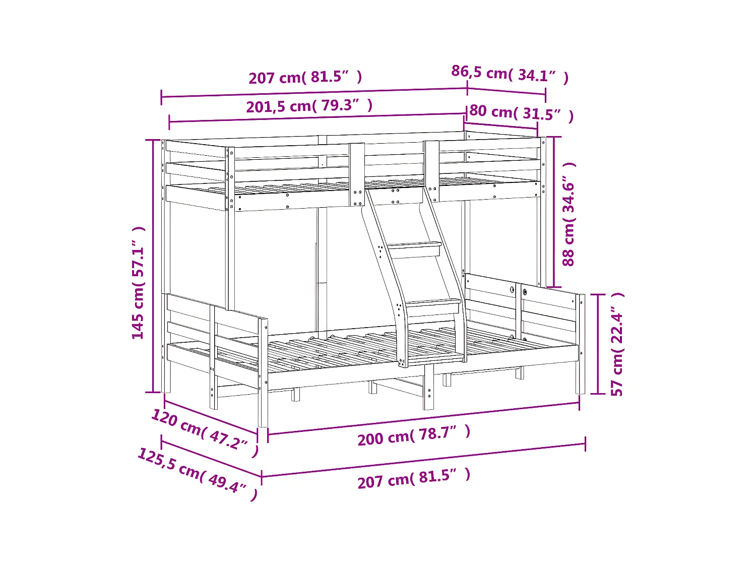 Litera de madera maciza de pino blanco 80x200/120x200 cm