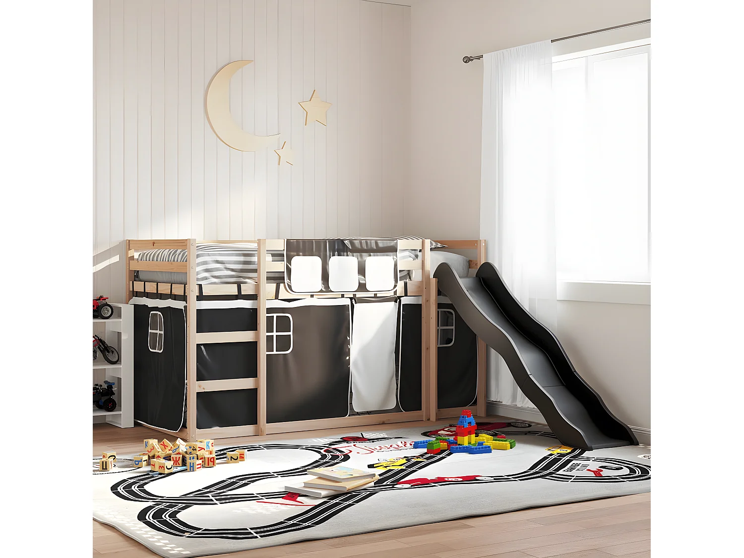 Lit superposé avec toboggan et rideaux blanc et noir 80x200 cm