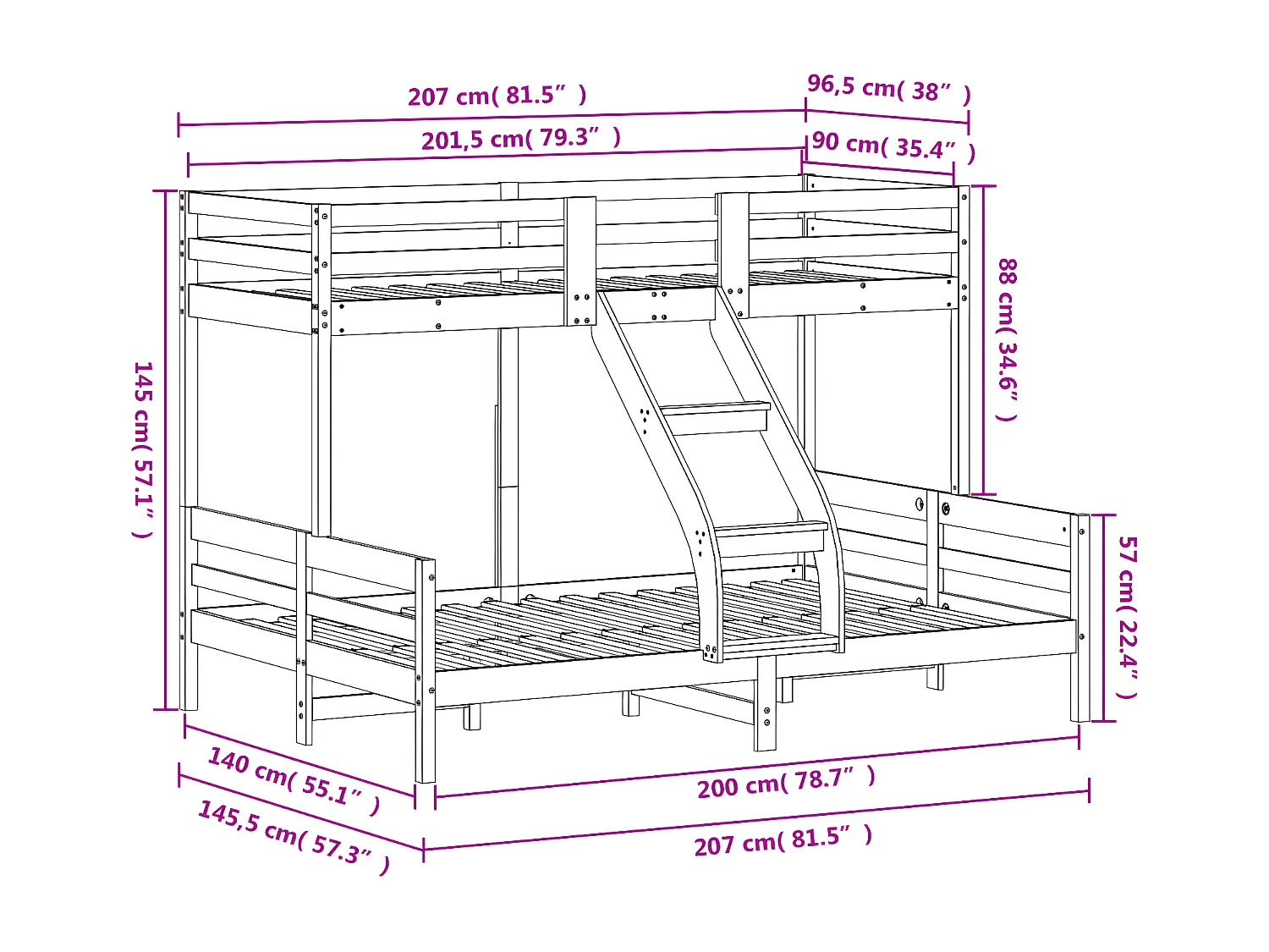 Lit superposé 90x200/140x200 cm blanc bois de pin massif