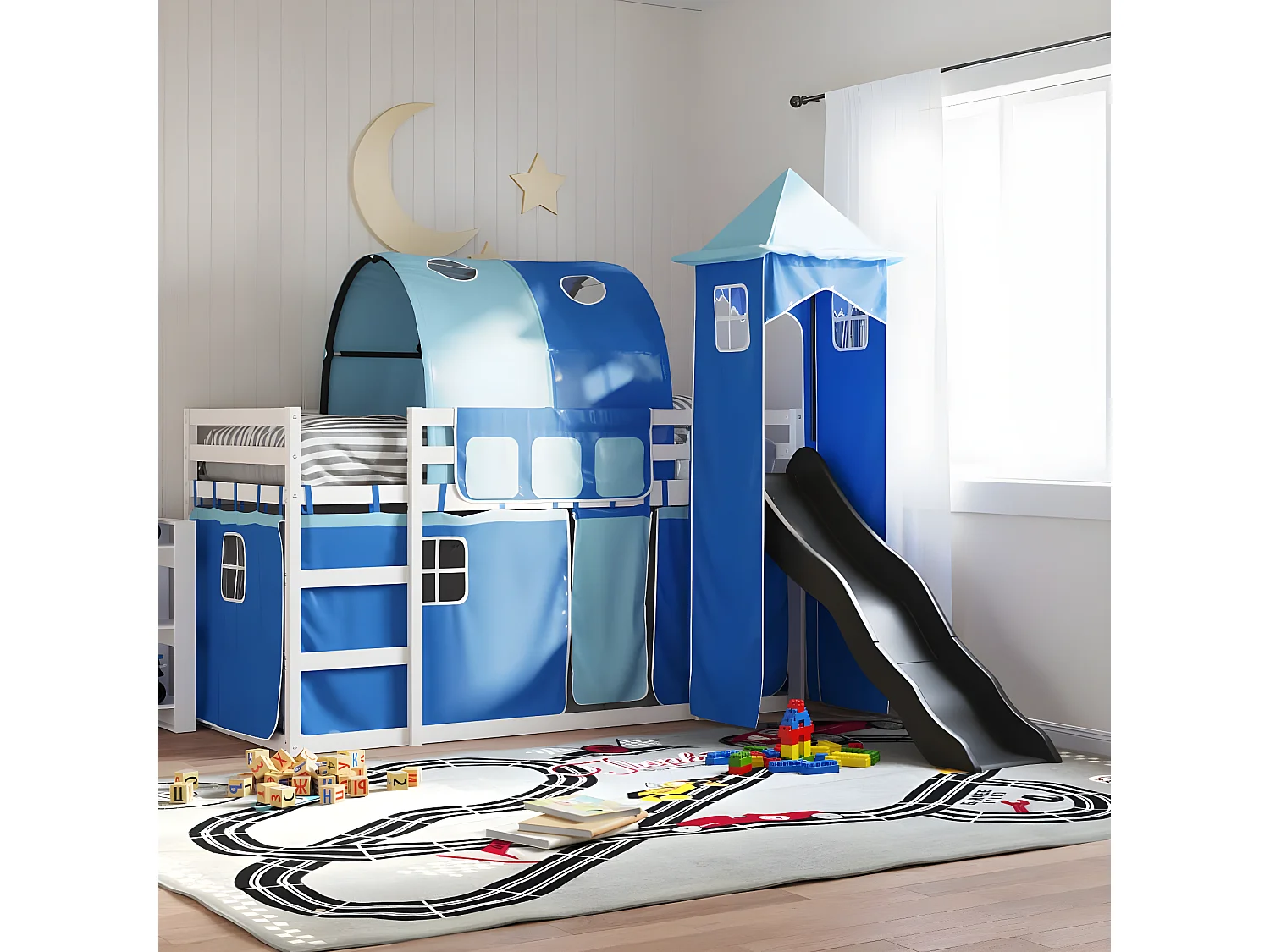 Lit superposé avec toboggan et rideaux bleu 90x190 cm