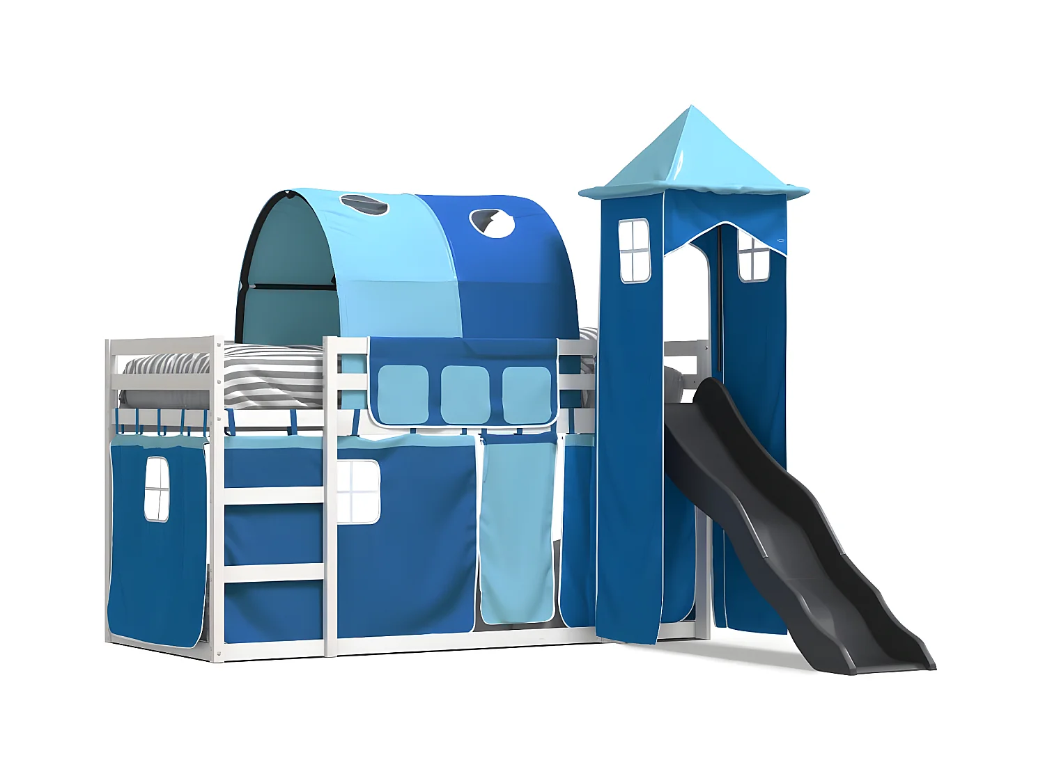 Lit superposé avec toboggan et rideaux bleu 90x190 cm