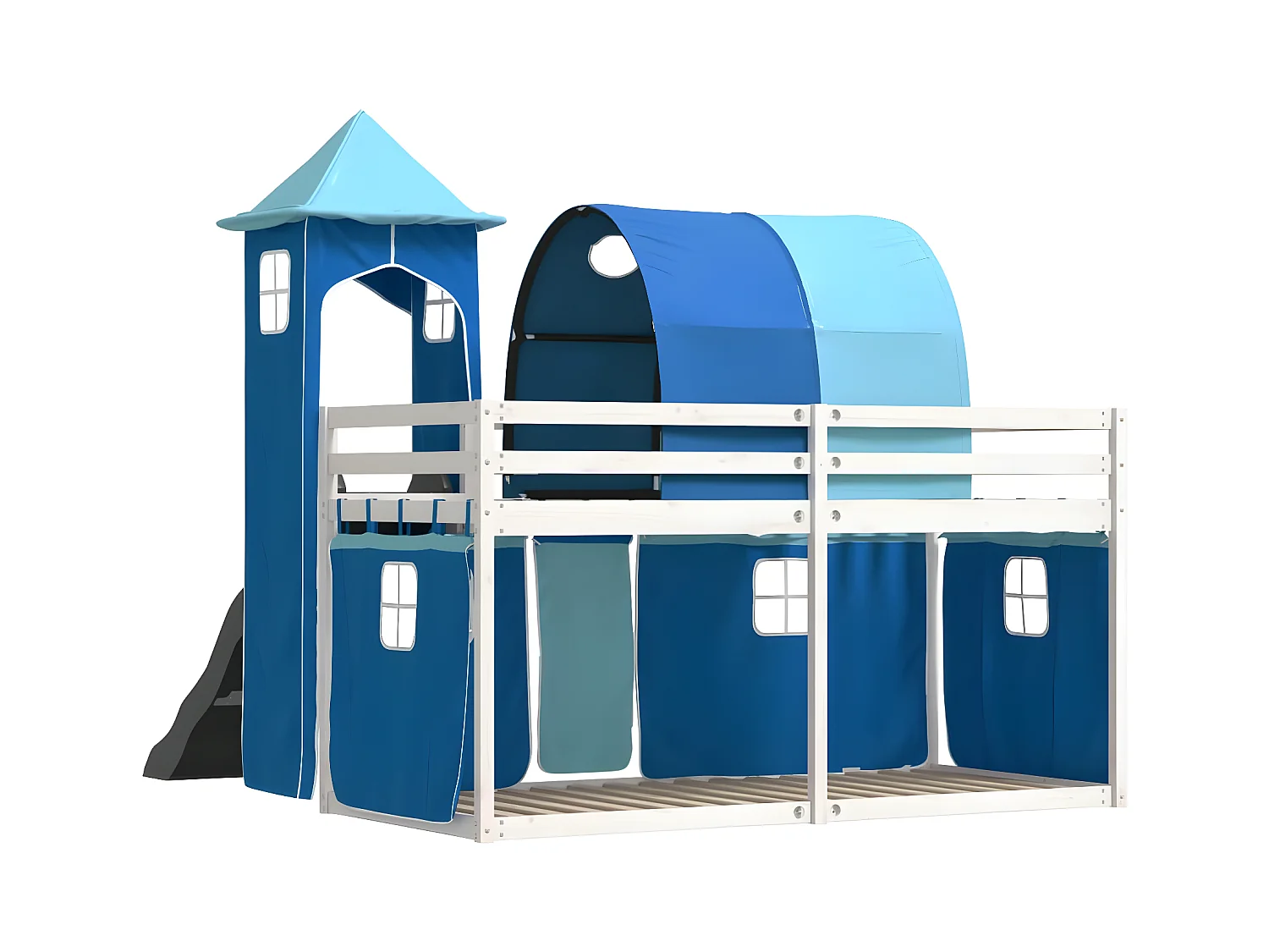 Lit superposé avec toboggan et rideaux bleu 90x190 cm