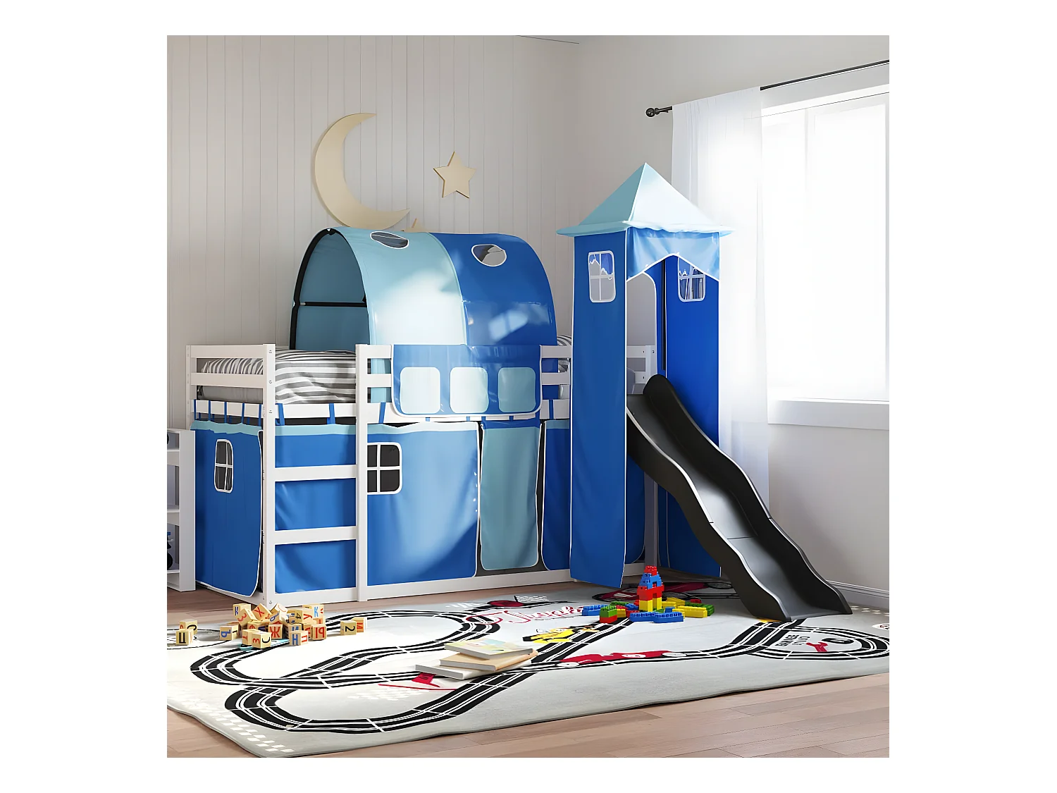 Lit superposé avec toboggan et rideaux bleu 90x190 cm