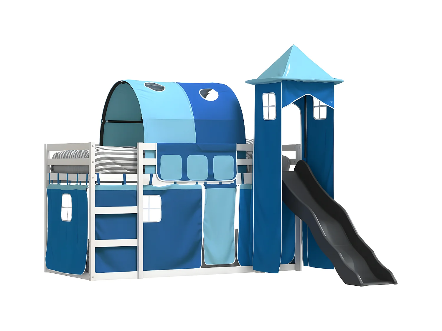Lit superposé avec toboggan et rideaux bleu 90x190 cm