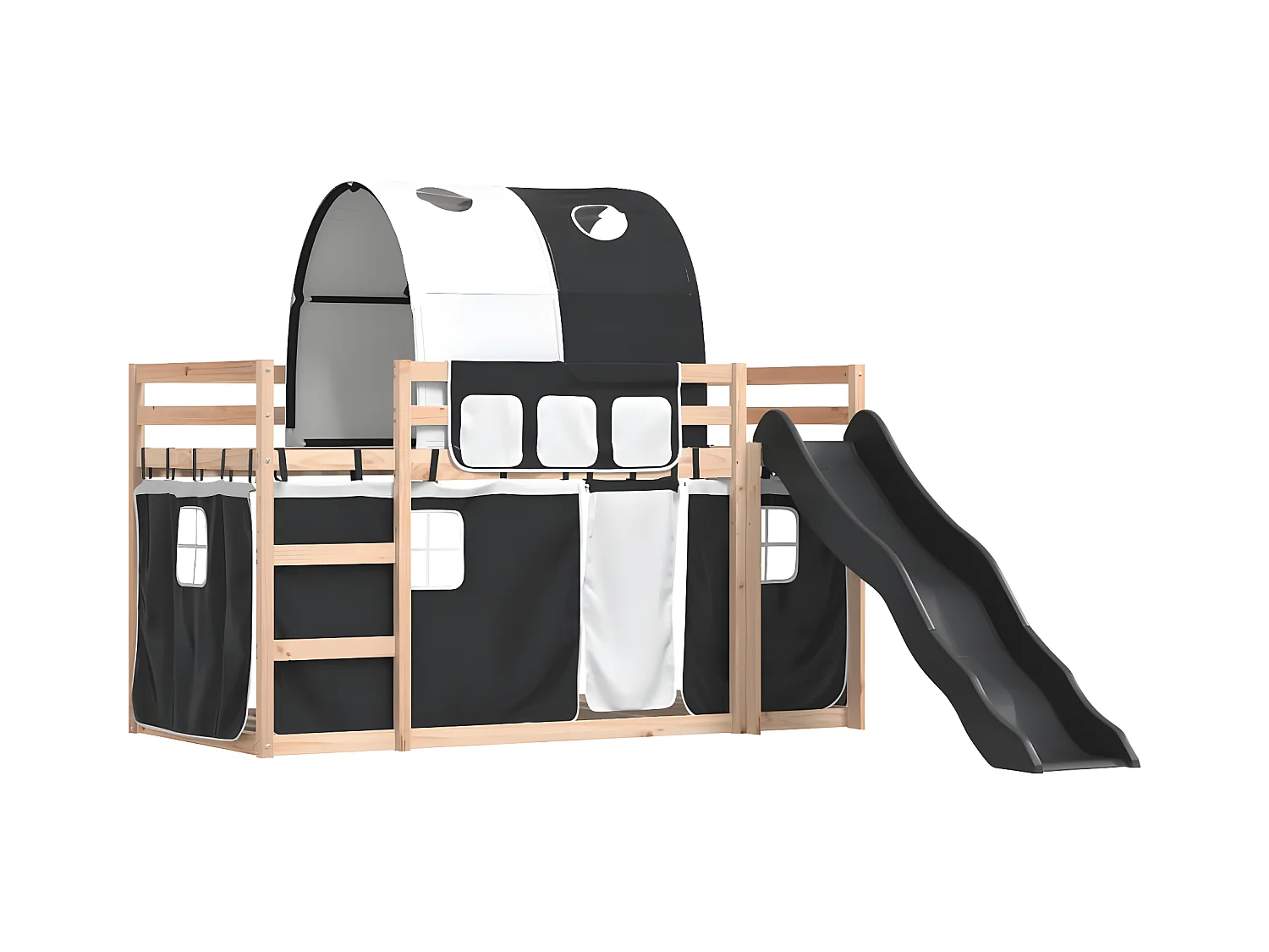 Lit superposé avec toboggan et rideaux blanc et noir 90x200 cm