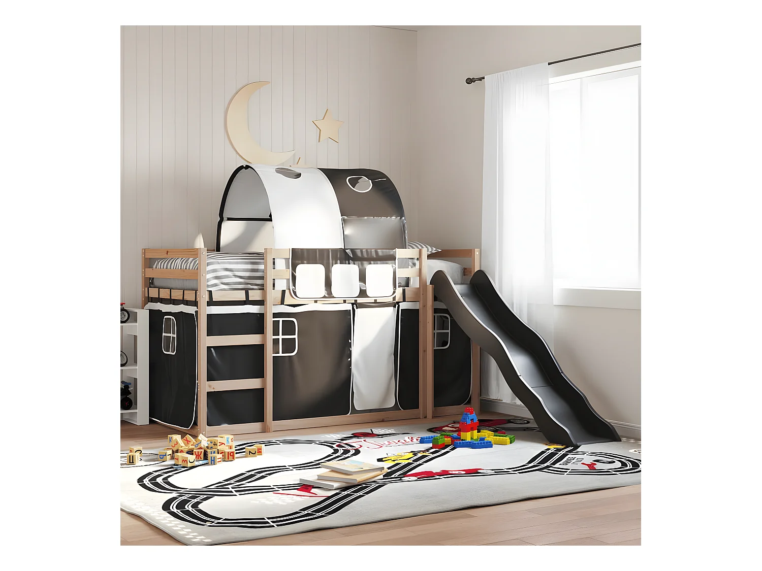 Lit superposé avec toboggan et rideaux blanc et noir 90x200 cm