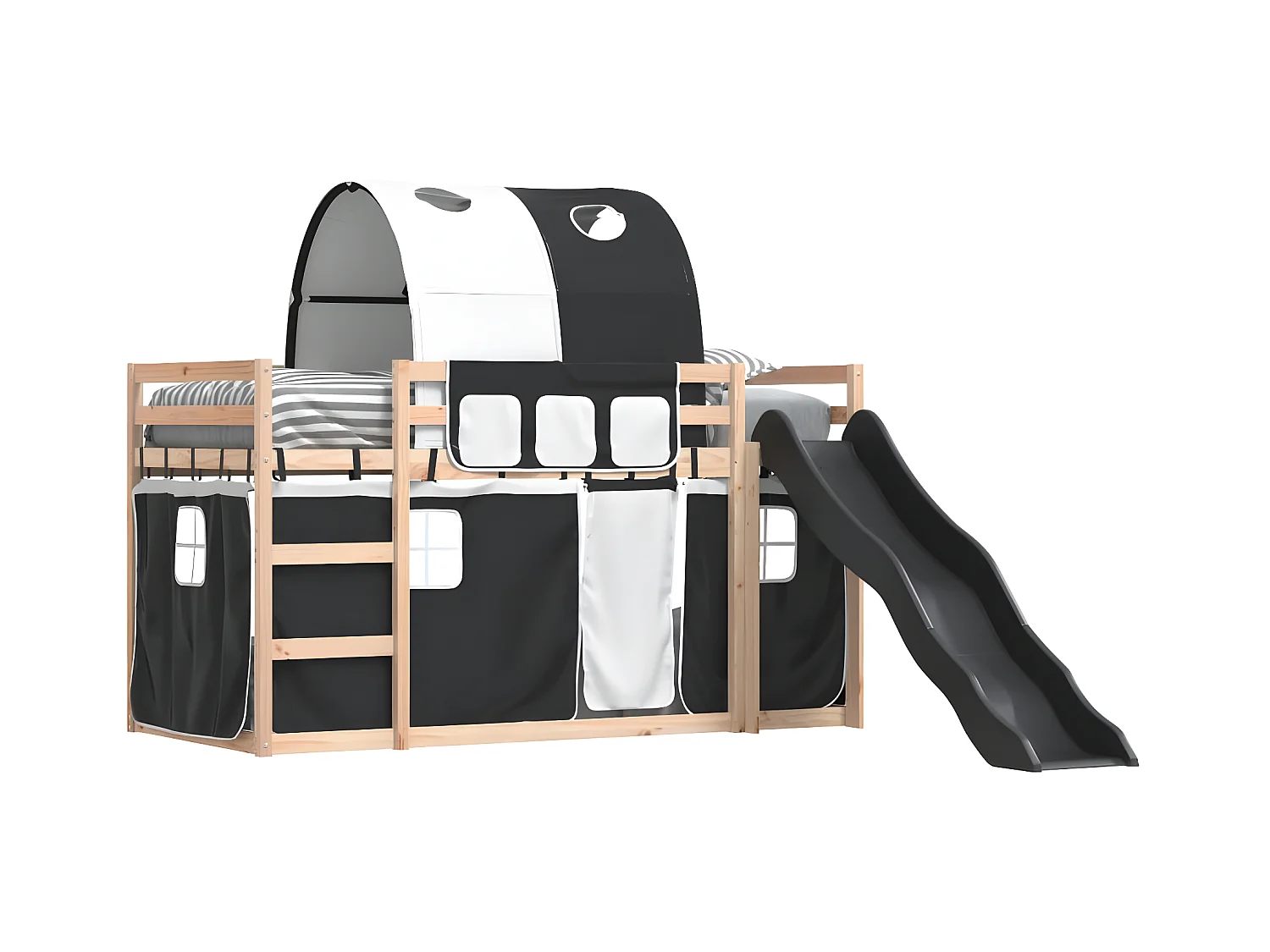 Lit superposé avec toboggan et rideaux blanc et noir 90x200 cm