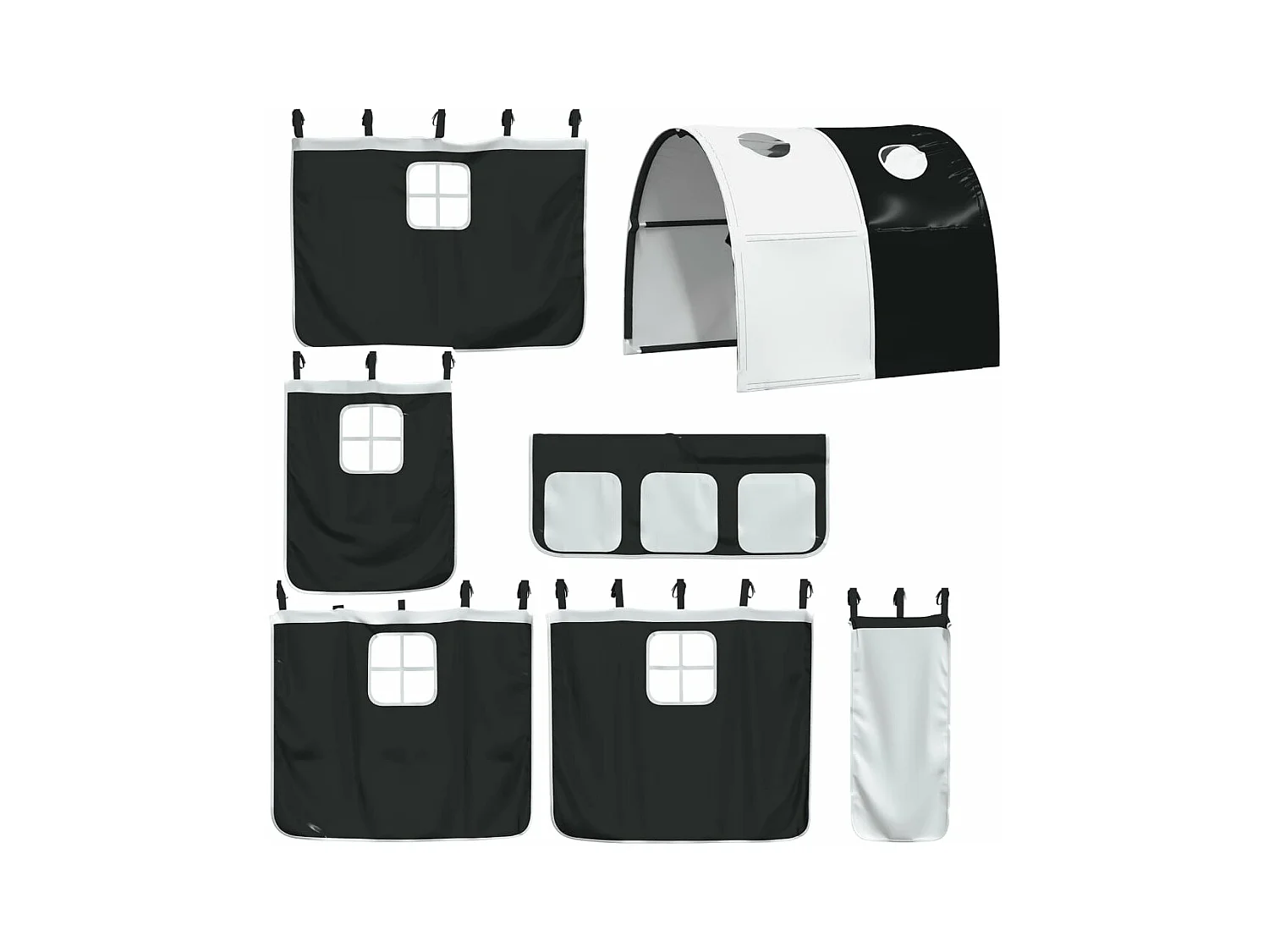 Lit superposé avec toboggan et rideaux blanc et noir 90x200 cm