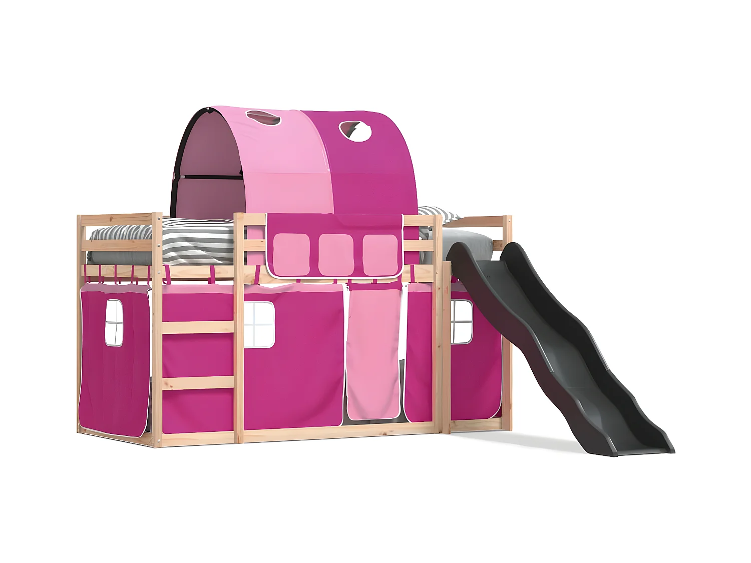 Lit superposé avec toboggan et rideaux rose 90x200 cm