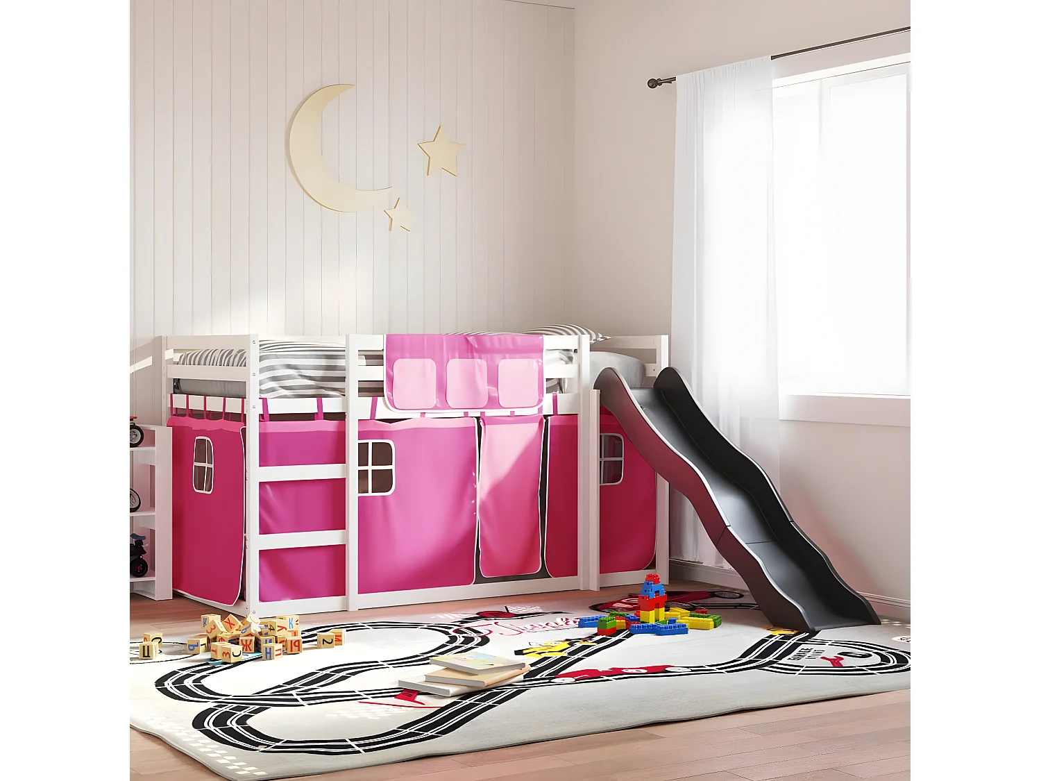 Lit superposé avec toboggan et rideaux rose 90x190 cm