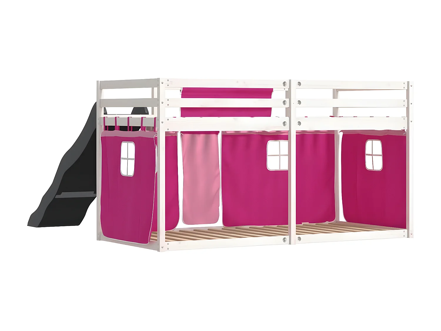 Lit superposé avec toboggan et rideaux rose 90x190 cm