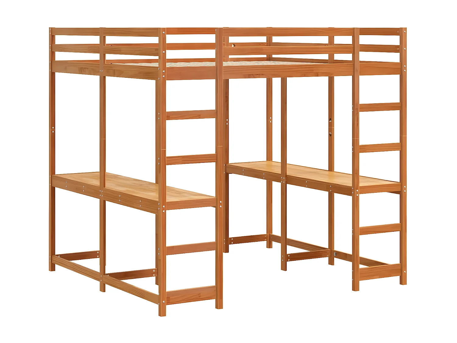 Cama alta com secretária e escada pinho maciço castanho-mel