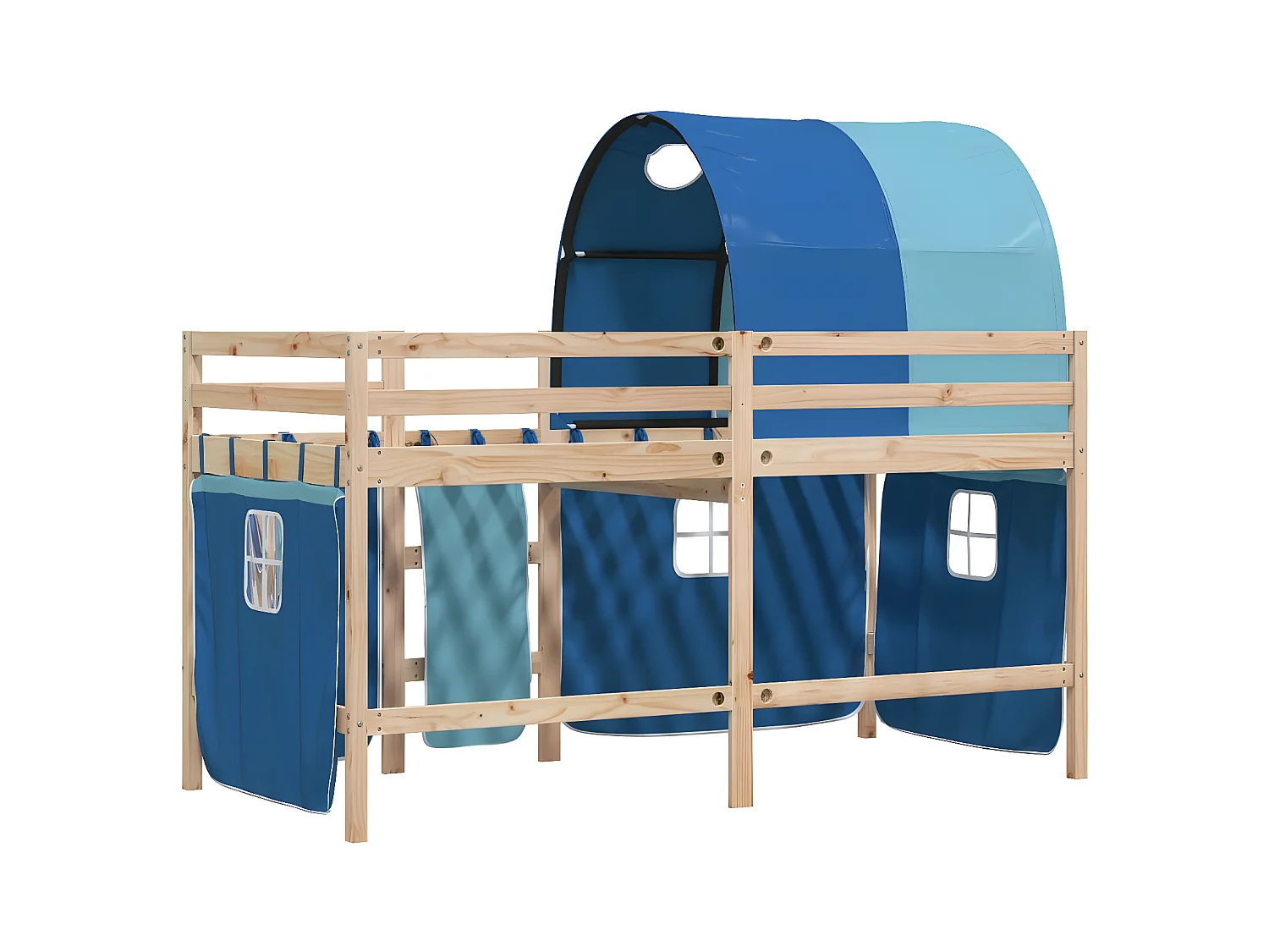 Lit mezzanine enfants avec tunnel bleu 80x200cm bois pin massif