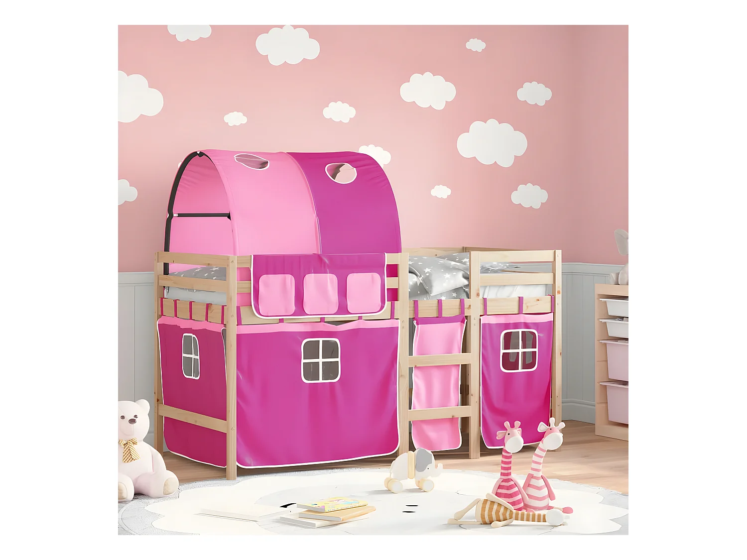 Cama alta para criança com túnel 80x200 cm pinho maciço rosa
