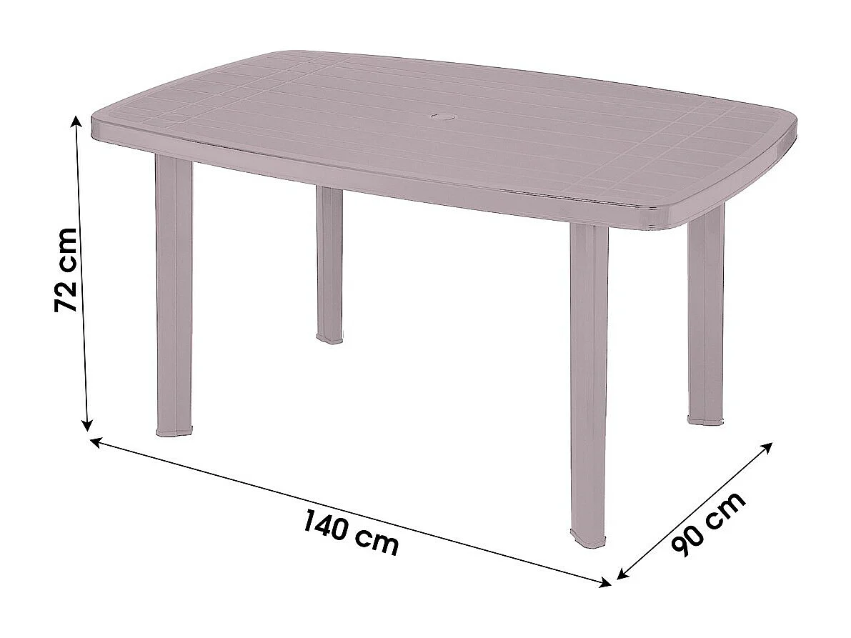 Mesa externa na cor taupe em PVC, dimensões 140x90cm.