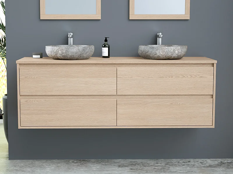 Mobile per bagno sospeso con doppio lavabo da appoggio in Pietra 150 cm Placcatura Rovere  - MILIPAM