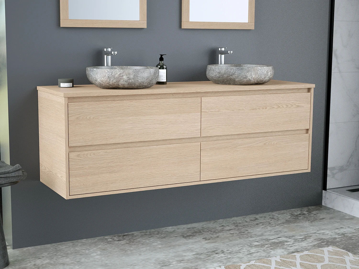 Meuble de salle de bain suspendu avec double vasque à poser en pierre - Placage chêne - 150 cm - MILIPAM