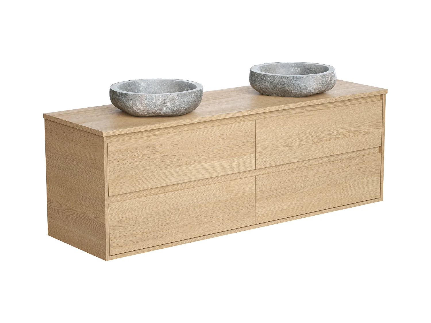 Meuble de salle de bain suspendu avec double vasque à poser en pierre - Placage chêne - 150 cm - MILIPAM
