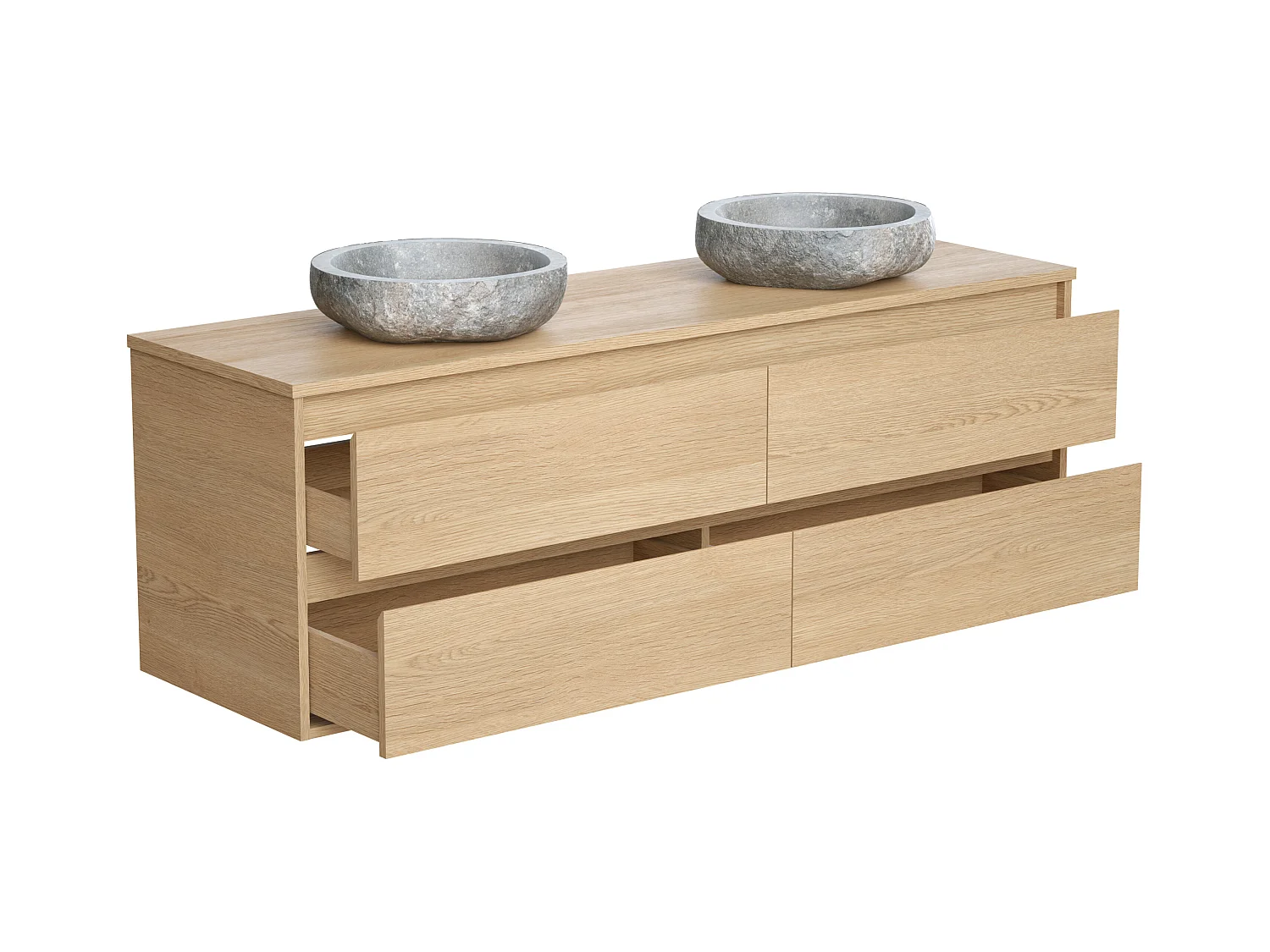 Meuble de salle de bain suspendu avec double vasque à poser en pierre - Placage chêne - 150 cm - MILIPAM
