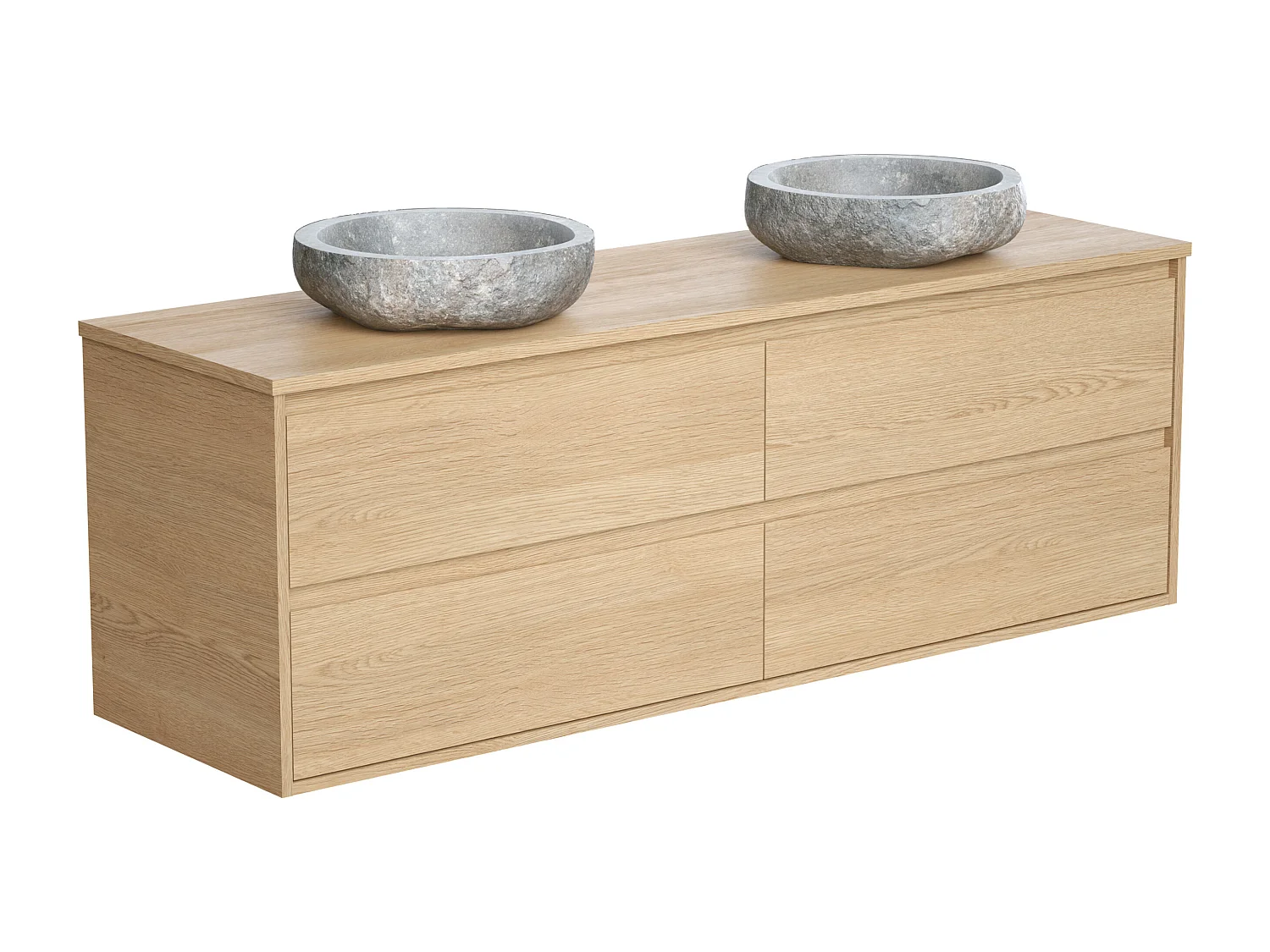 Meuble de salle de bain suspendu avec double vasque à poser en pierre - Placage chêne - 150 cm - MILIPAM